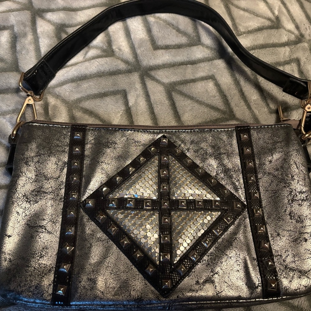 Black and Silver Geometric Shoulder Bag with Studded Details